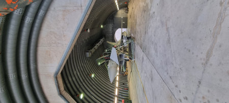 Istrana Italy December 13 2023: Vertical shot of a modern defense aircraft parked in an armored shelter, on alert for immediate takeoff. Perfect for editorial use with ample copy space.のeditorial素材