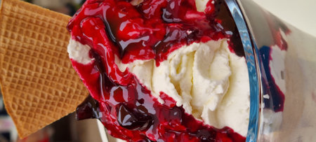 Delicious ice cream sundae drizzled with cherry sauce and a crispy wafer; perfect for a sweet treatの写真素材