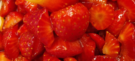 Close-up of vibrant and juicy freshly sliced red strawberries. A healthy and nutritious summer fruit. Perfect as a dessert ingredient. On a natural food background. Showcasing the organic. Ripeの写真素材