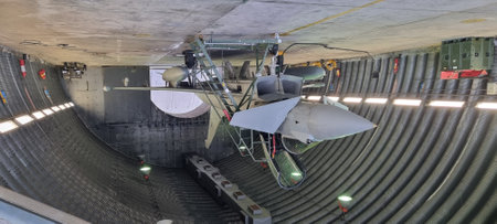 Istrana Italy December 13 2023: A modern NATO Eurofighter Typhoon, armed and stationed in a hangar, prepped for immediate takeoff on alarm. Ideal for editorial use, featuring copy space.のeditorial素材