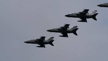 Istrana Italy April 5 2024: Formation Military Fighter Aircrafts in Flight. Concept of NATO Power and Dissuasion. AMX Ghibli of Italian Air Force. Copy Spaceのeditorial素材