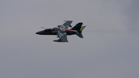 Istrana Italy April 5 2024: Fighter Jet in Flight. Close Up of NATO Military Bomber and Ground Attack Airplane. AMX Ghibli of Italian Air Force. Copy Spaceのeditorial素材