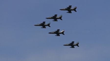 Istrana Italy April 5 2024: Fighter Jet Airplanes Formation During a Military Parade. AMX Ghibli of Italian Air Force. NATO Power and Strength. Copy Spaceのeditorial素材