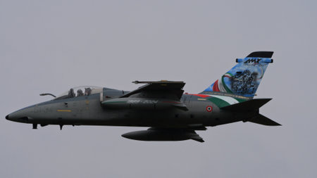 Istrana Italy April 5 2024: .Combat Aircraft in Flight Close Up. Concept of NATO Military Power for Dissuasion. AMX Ghibli of Italian Air Force. Copy Spaceのeditorial素材