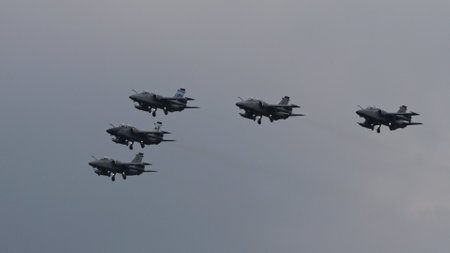 Istrana Italy April 5 2024: Comba Aircrafts Formation in Landing Configuration. Landing Gear and Flaps Extracted, Lights On. AMX Ghibli of Italian Air Force. Copy Spaceのeditorial素材
