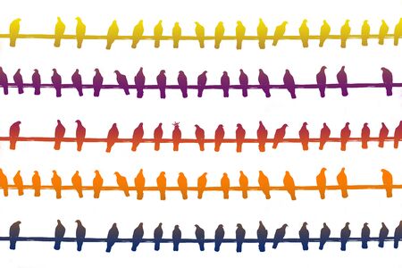 Abstract graphic image with rainbow gradient and silhouettes of pigeons on power wires. One pigeon with little crown in center of image.の写真素材