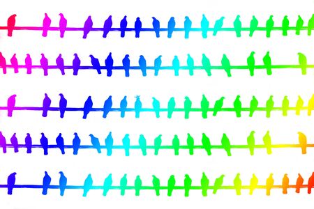 Abstract graphic image with rainbow gradient and silhouettes of pigeons on power wires. One pigeon with little crown in center of image.の写真素材
