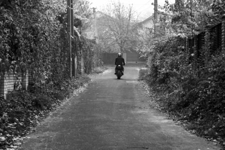 Biker on a motorcycle rides on a country road in the fall. The asphalt road between the fences is drowning in autumn green, yellow, orange foliage. Black and white image.の写真素材
