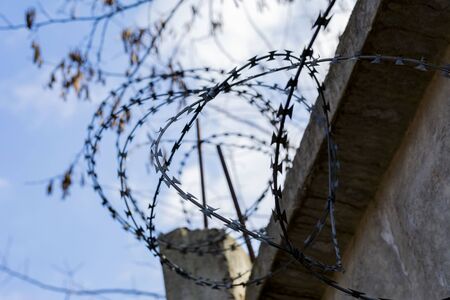 barbed wire on the fence closeup. the sky through the barbed wire. image symbolizing the restriction of freedom, danger, gray objects.の写真素材
