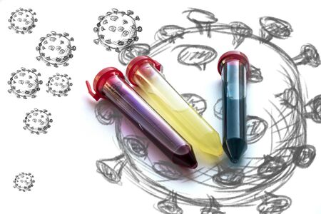 Three test tubes with red, yellow and blue liquid on a white background. The substance is similar to a vaccine for the virus. Sketchy images of the COVID-19 virus are drawn with a pencil.の写真素材