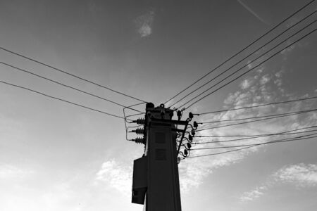 old electrical transformer substation on sky background. black and white image.の写真素材