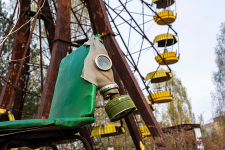 Ferris wheel and green old gas mask in the city of pripyat. Photo through rusty barbed wire....
