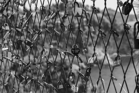 A mesh fence on the seashore with padlocks symbolizing love. Love locks are hung on the fence in large numbers on the sea promenade. sea background.の写真素材