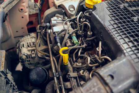 Diesel engine of a passenger car without a cover. Engine compartment with many tubes, wires, parts....