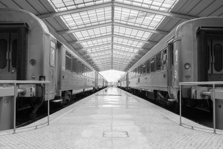 Modern passenger trains stand under the roof of a railway station in Lisbon. Covered station and trains looking into the distance. Black and white image.の写真素材