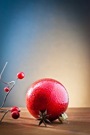 Red and Christmas atmosphere on old woodの写真素材