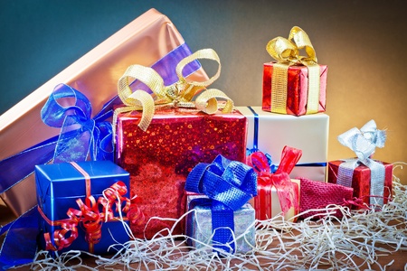 groups of gift items decorated with different paperの写真素材