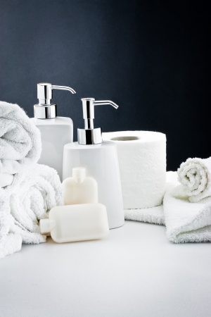 Accessories for bath: Soap,towel and toilet paperの写真素材