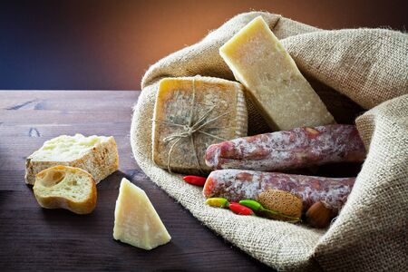 assortment of cheese and salami の写真素材
