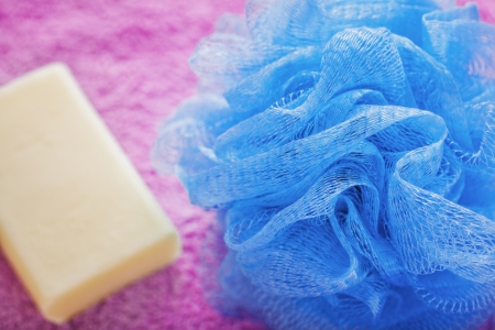 sponge shower and soap の写真素材
