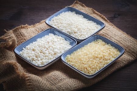 white, brow and basmati riceの写真素材