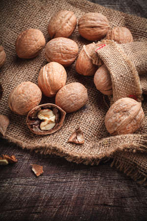 walnuts on juteの写真素材