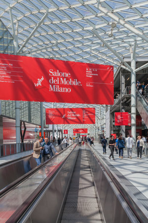 MILAN, ITALY - APRIL 22, 2018: 57th exhibition of the Salone International del Mobile during the Milan design week. Numerous visitors visit Fiera Rho Milano. Most important event.のeditorial素材