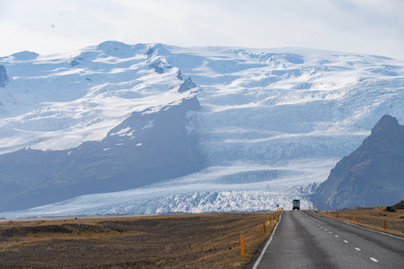 Ring road in Iceland with glacier in the backgroundの写真素材