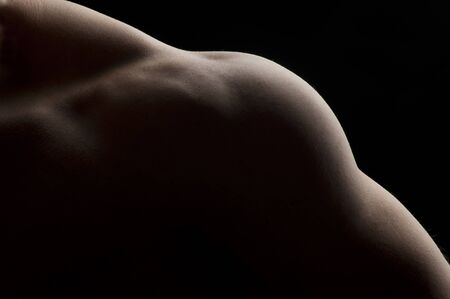 Detail of part of a male torso, featuring trapezius, deltoid and triceps muscles