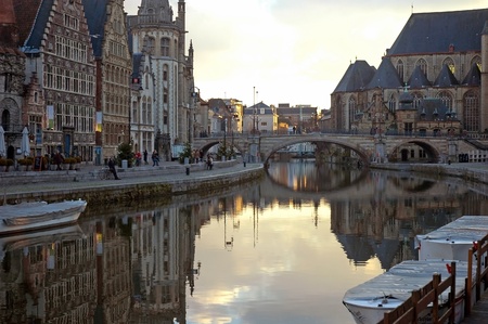 Ghent, Belgium - Dec 3: Ghent, Belgium, on December 3, 2008, is the capital and biggest city of the East Flanders province. The Graslei is one of the most scenic places in Ghent's old city centre. のeditorial素材