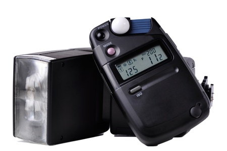 Closeup of a flash and a light meter used in photographyの写真素材
