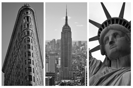NEW YORK - SEPTEMBER 5: New York black and white triptych featuring the Flat Iron building, the Empire States Building and the Statue of Liberty, city landmarks, on September 5, 2010 in New York, NYのeditorial素材