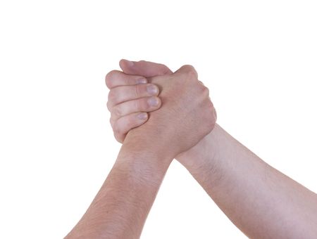 partner men handshake detail on white backgroundの写真素材