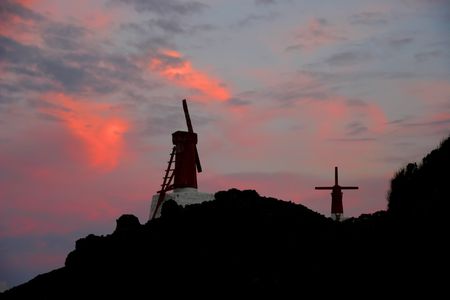 windmills of Azores at sunsetの写真素材