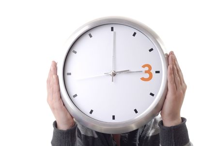 woman with a clock covering her head