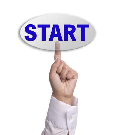 woman hand presses the start key, isolated