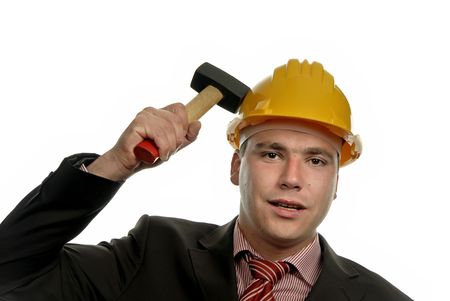 young male worker portrait with a hammer