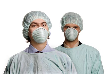 two male young doctors a over white background