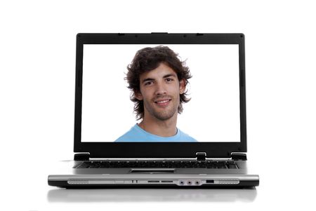 personal computer with a man, isolated on white background