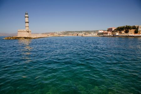 venetian port with lighthouse of Chania, greek island of creteの写真素材