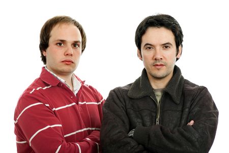 two young casual men portrait, isolated on white