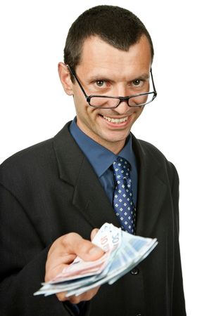 young business man with money, isolated on white backgroundの写真素材