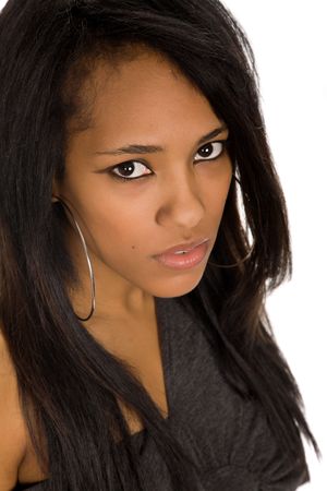 young beautiful woman closeup portrait, isolated on whiteの写真素材