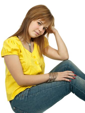 young casual blonde woman close up portraitの写真素材