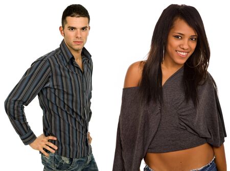 young casual couple portrait in white backgroundの写真素材