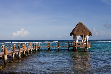 wooden dock at the caribbean sea at Yucatan Peninsula, Mexicoの写真素材