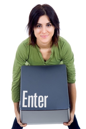 young beautiful woman with the enter keyの写真素材