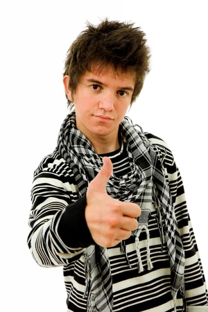 casual young man going thumb up, isolated on whiteの写真素材