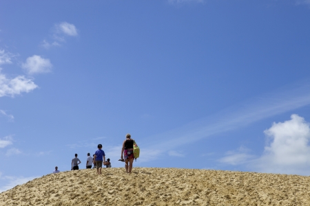 People visiting the Famous dune of Pyla, the highest sand dune in Europe, in Pyla Sur Mer, France.のeditorial素材