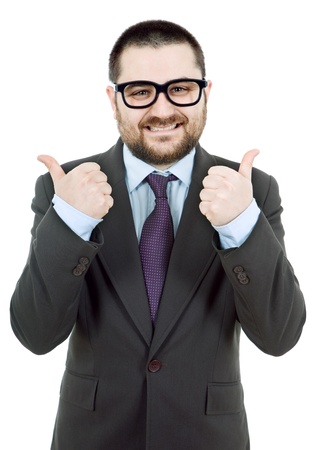young silly business man going thumbs upの写真素材